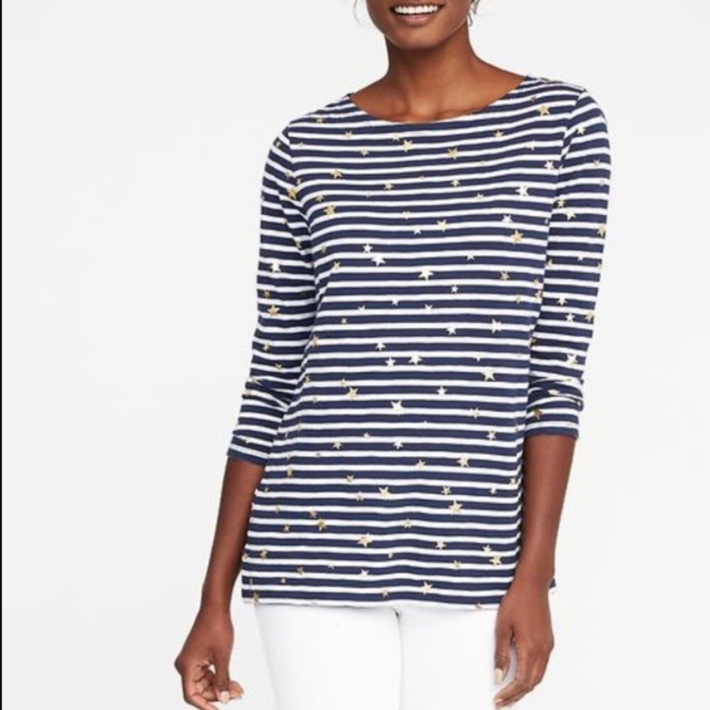 Old Navy Stars Stripes Tee Boatneck Long Sleeve 100% Cotton Americana Womens S